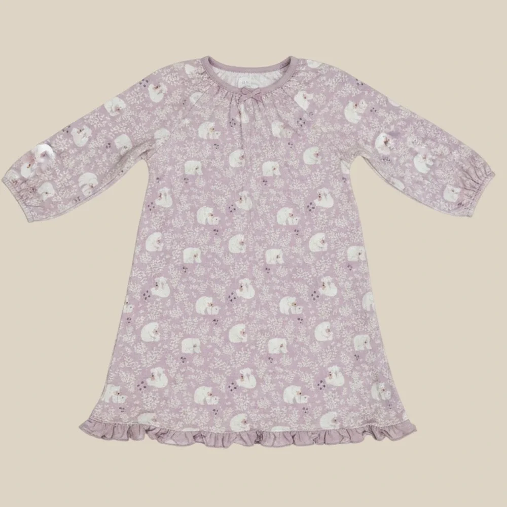 Magnetic Me Polar Bear Print Ruffle Hem Nightgown Lavender Purple 3T Long Sleeve